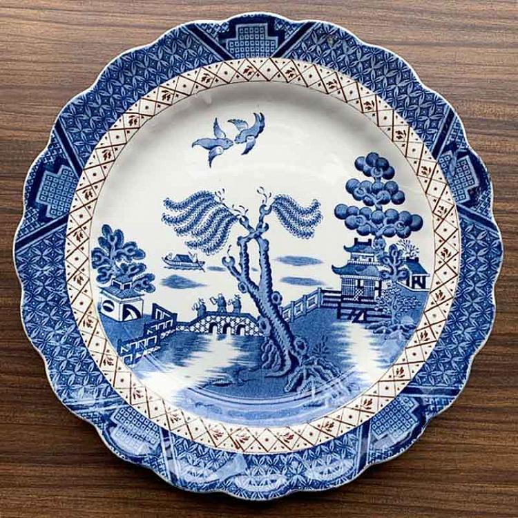 Винтажная тарелка белая с голубым мотивом 2, L Vintage Plate Blue White Large 2
