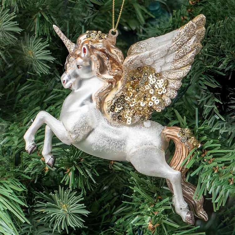 Ёлочная игрушка Фэнтезийный единорог с крыльями Glass Fantasy Unicorn With Wings White/Gold 15 cm