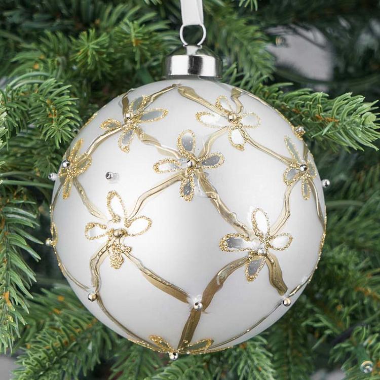 Ёлочная игрушка Белый шар с золотыми цветами Golden Flowers Ball White 10 cm