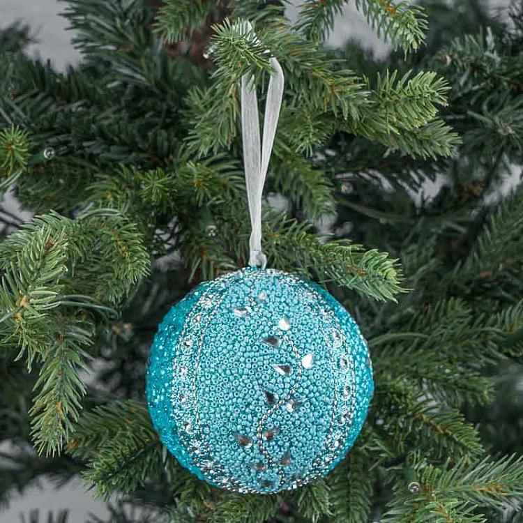 Ёлочная игрушка Голубой шар с орнаментом из бисера Bead Ornament Ball Blue 9 cm