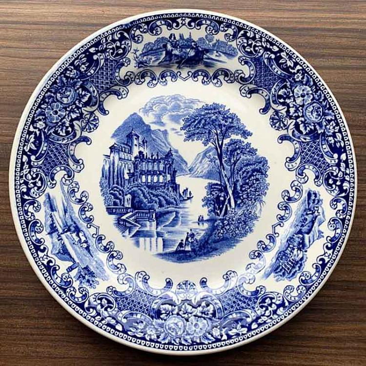 Винтажная тарелка белая с голубым мотивом 19, L Vintage Plate Blue White Large 19