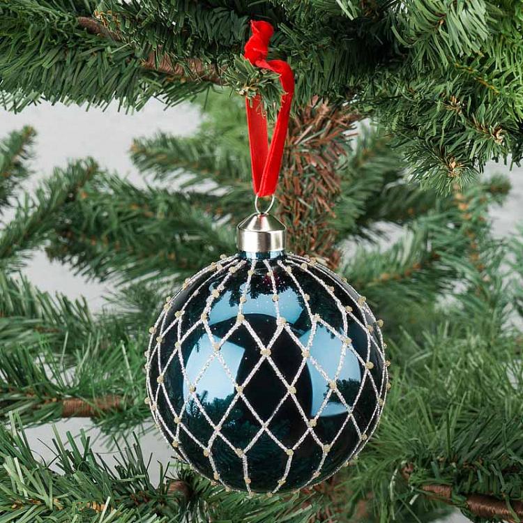 Ёлочная игрушка Синий шар с сетчатым узором Mesh Ball Blue 10 cm