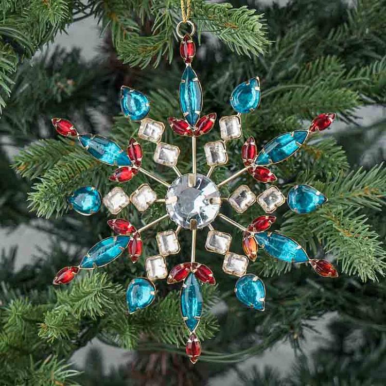 Ёлочная игрушка Золотистая снежинка с разноцветными стразами, L Multi-Colored Stones Snowflake Gold 16 cm