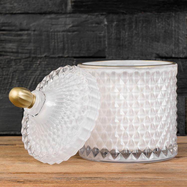 Аромасвеча в белом фасетном стакане Шёлковый цветок, S Aroma Candle In White Faceted Glass Silk Flower Small