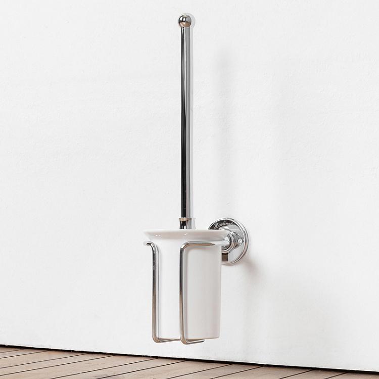 Настенный белый держатель с ёршиком в подставке цвета хром Brush Holder Chrome
