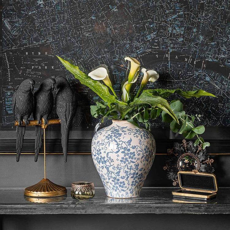 Выпуклое зеркало в раме с чёрными листьями и цветами Black Leaves And Flowers Convex Mirror