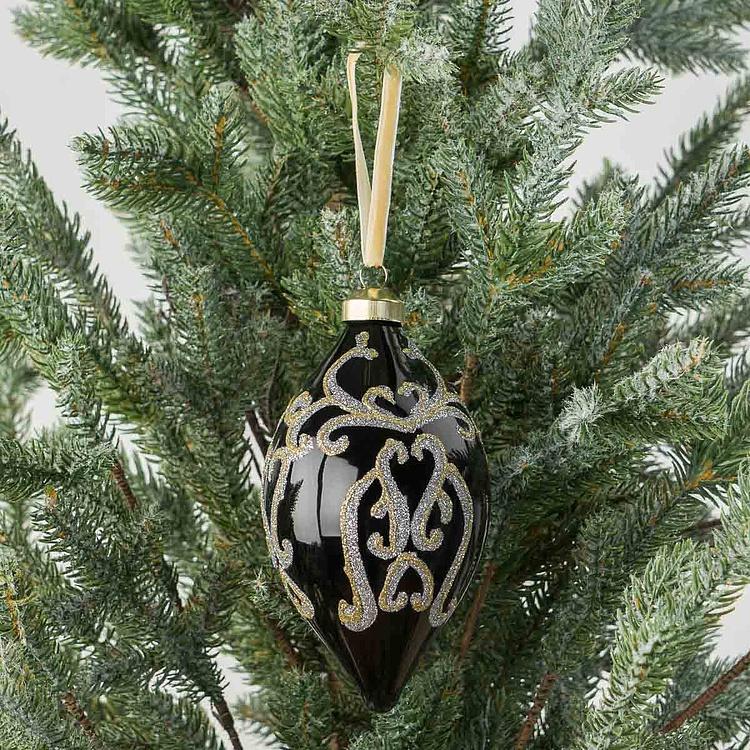 Ёлочная игрушка в форме Чёрной шишки с золотистым витиеватым узором Pattern Cone Ball Black 16 cm