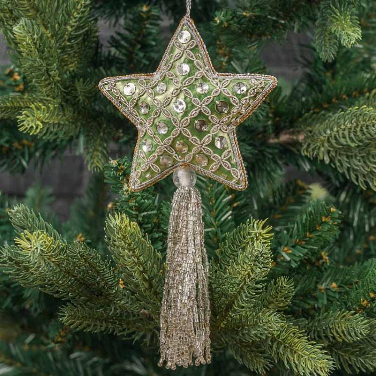 Новогодняя подвеска зелёно-серебристая звезда Pendant Star Silver Green 20 cm