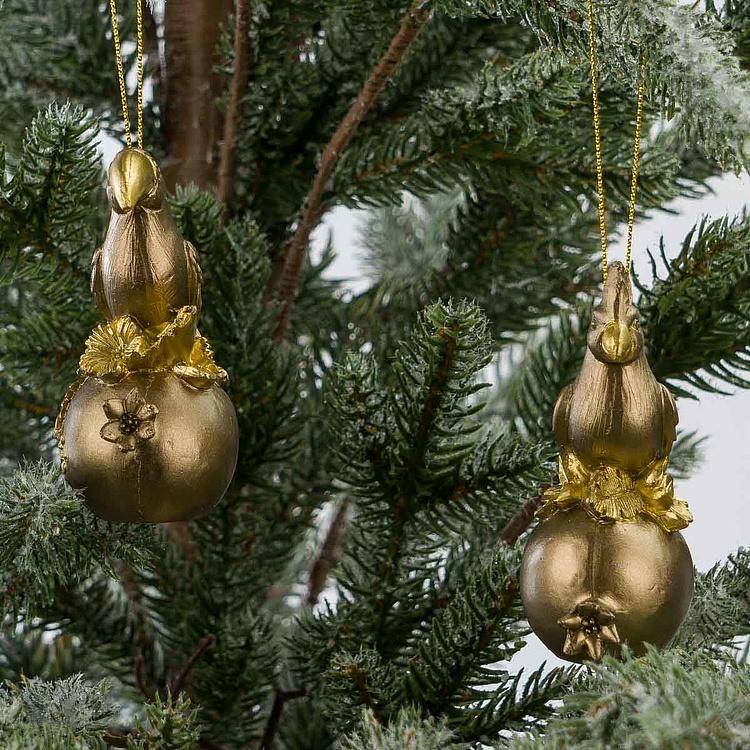 Набор из двух ёлочных игрушек Попугай и тукан на плодах граната Set Of 2 Parrots On Pomegranate Gold 9 cm