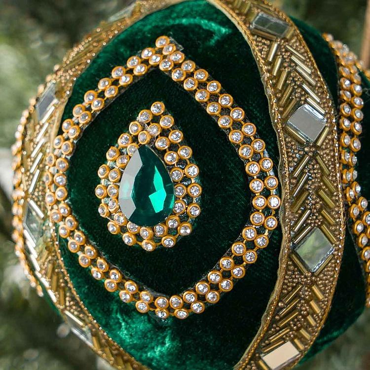 Ёлочная игрушка Зелёный шар с золотым орнаментом из страз Rhinestones Gold Ornament Ball Green 10 cm