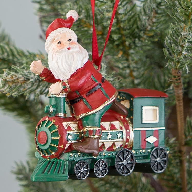 Набор из двух ёлочных игрушек Санта-экспресс Set Of 2 Santa Riding Express Trains Red Green 10 cm