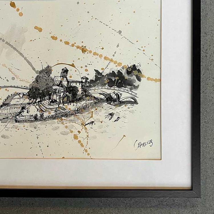 Рисунок тушью с золотом Остров Тиберина Isola Tiberina Drawing With Gold