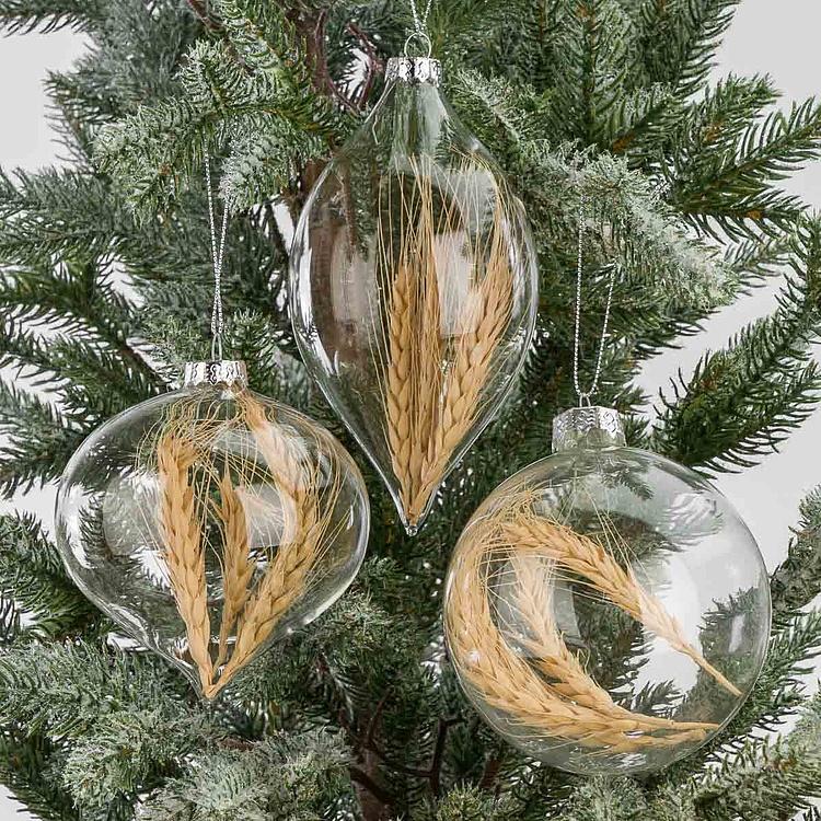 Набор из трёх ёлочных игрушек с колосьями внутри Set Of 3 Glass Dried Ear Of Corn Ball Clear 10 cm