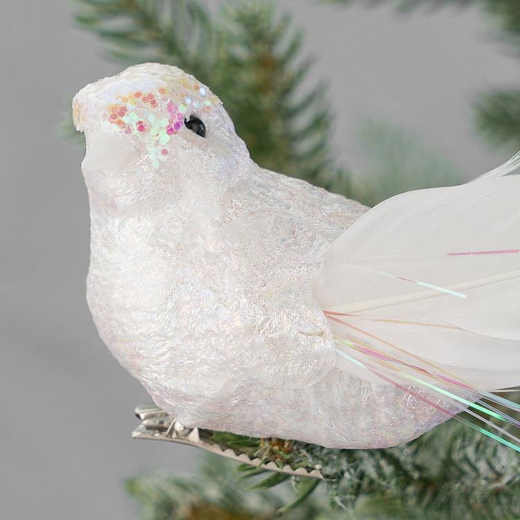 Набор из двух ёлочных игрушек на клипсе Белые птицы Set Of 2 Fabric Plume Birds On Clip White 18 cm