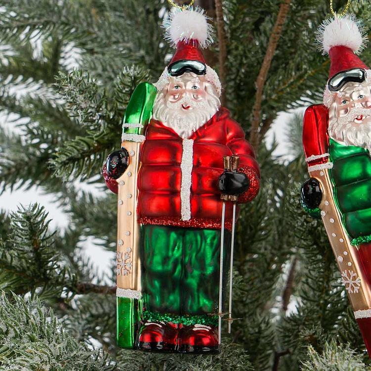 Набор из двух ёлочных игрушек Санты с лыжами Set Of 2 Glass Santas With Skis Red Green 15 cm