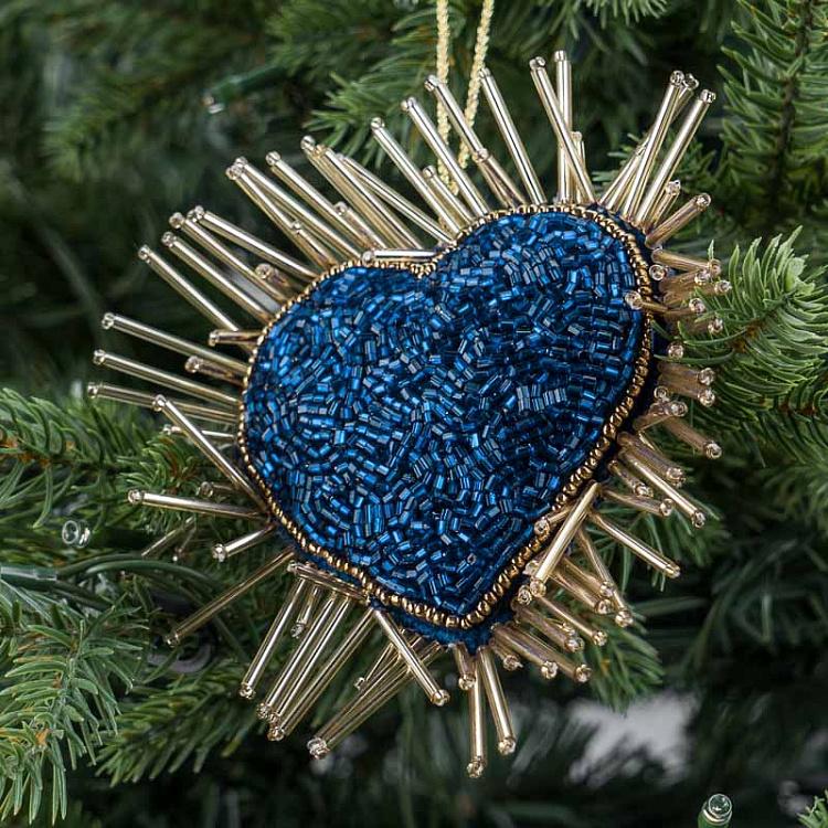 Ёлочная игрушка Синее сердце с вышивкой бисером Bead Embroidery Heart Blue 13 cm