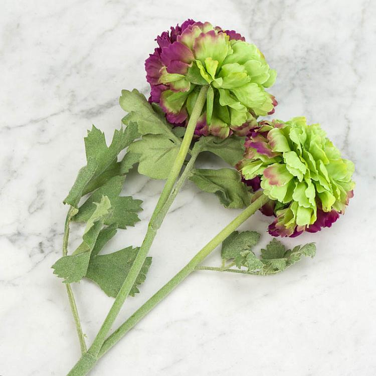 Искусственный махровый ранункулус светло-зелёный с фиолетовым Terry Ranunculus Light Green With Purple 62 cm
