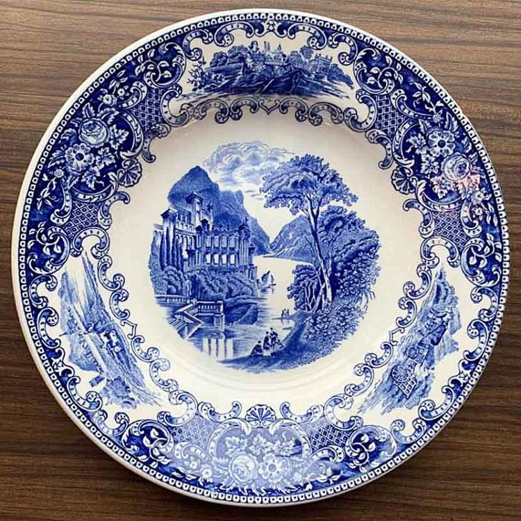 Винтажная тарелка белая с голубым мотивом 15, L Vintage Plate Blue White Large 15