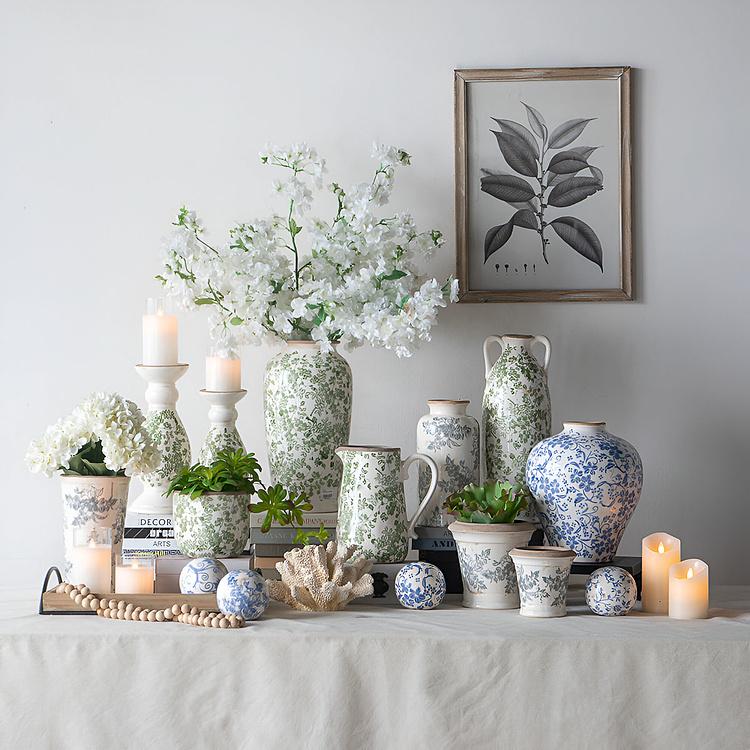 Ваза с узором из зелёных цветов и ручками высокая Flower Vase Tall Green