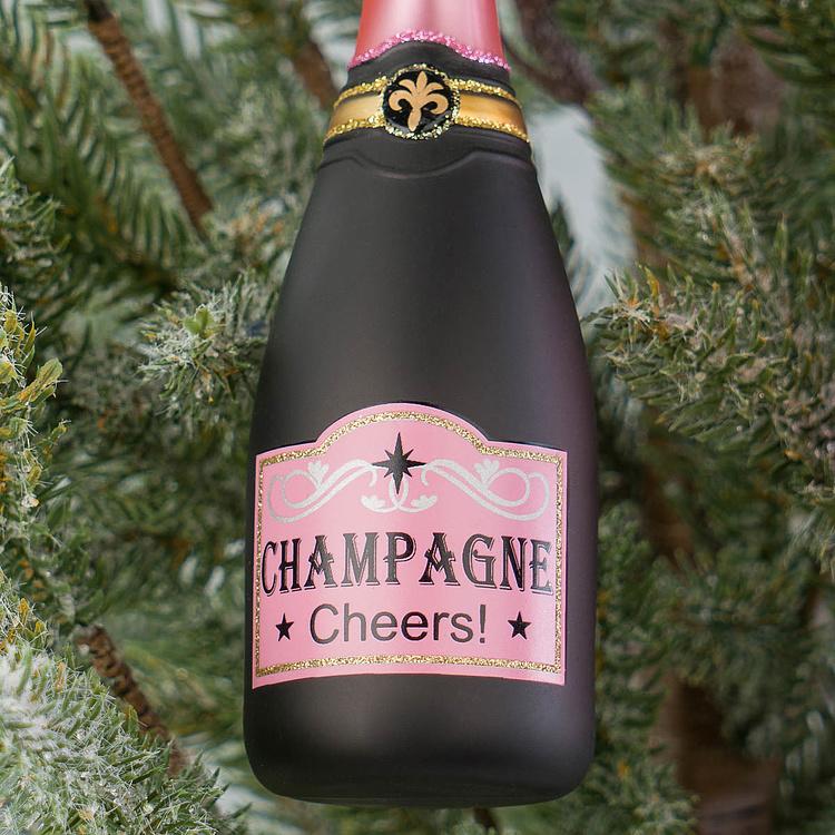 Набор из двух ёлочных игрушек Бутылки шампанского чёрная и розовая Set Of 2 Glass Champagne Bottles Black Pink 16 cm