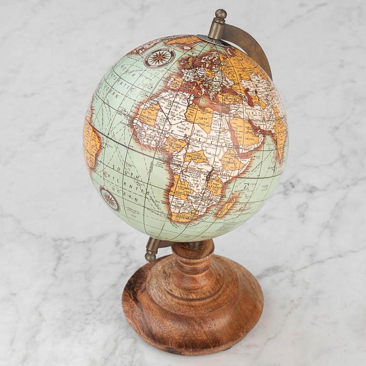 Винтажный зелёный глобус на деревянном основании Vintage Globe Green Gold On Natural Base
