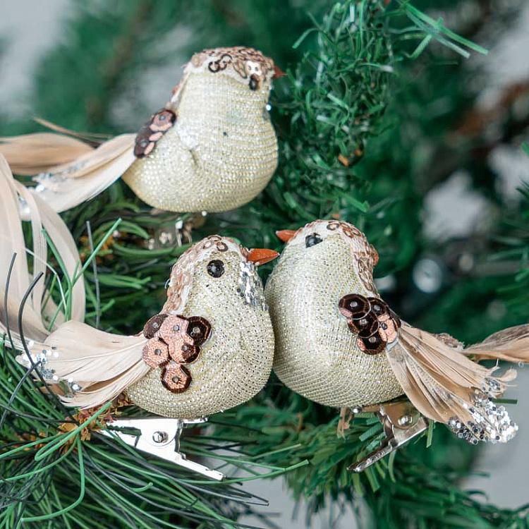 Набор из трёх ёлочных игрушек на прищепке Блестящие птички цвета розовое золото Set Of 3 Sequin Birds On Clip Pink/Rosy Gold 11 cm
