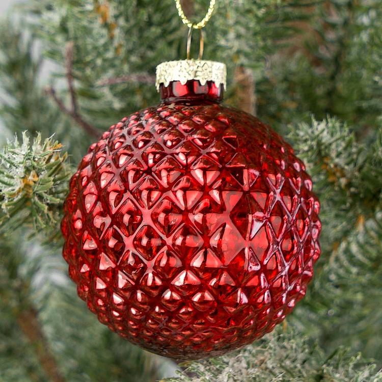 Набор из 16 красных стеклянных ёлочных игрушек Set Of 16 Glass Antique Ball Pinecones Red 5 cm