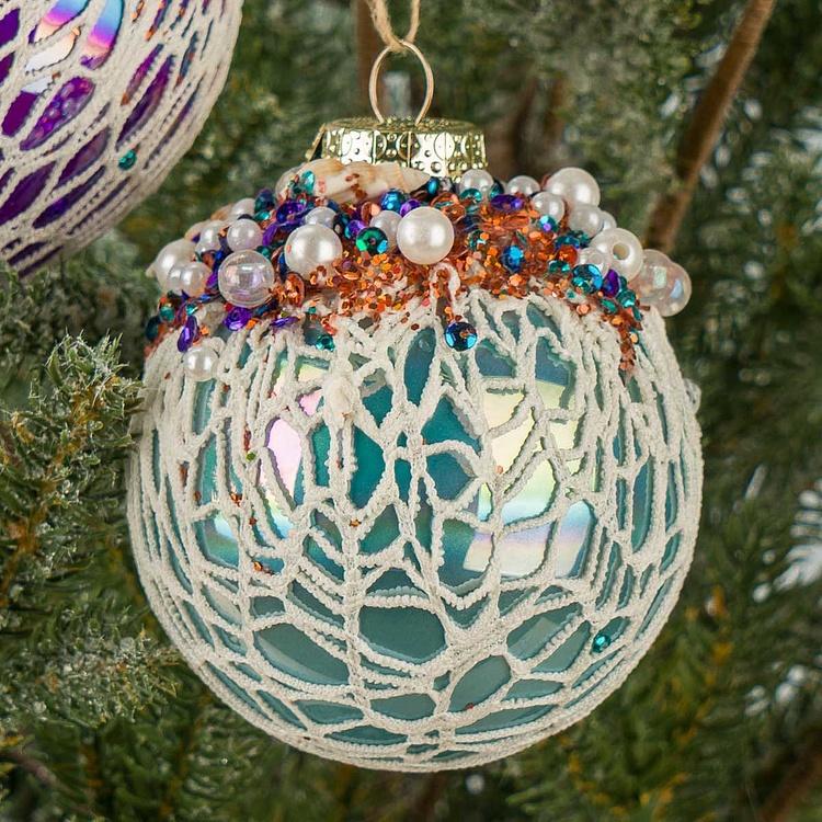 Набор из двух стеклянных ёлочных игрушек с ракушками Set Of 2 Glass Shell Net Ball Blue Purple 12 cm