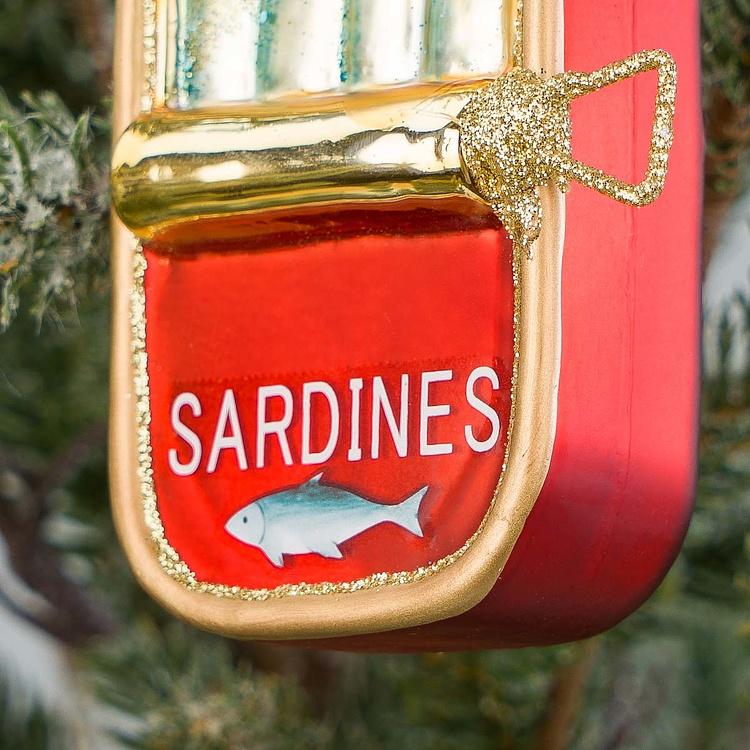 Ёлочная игрушка Банка сардин Glass Can Of Sardines Fish Gold Red 11,5 cm