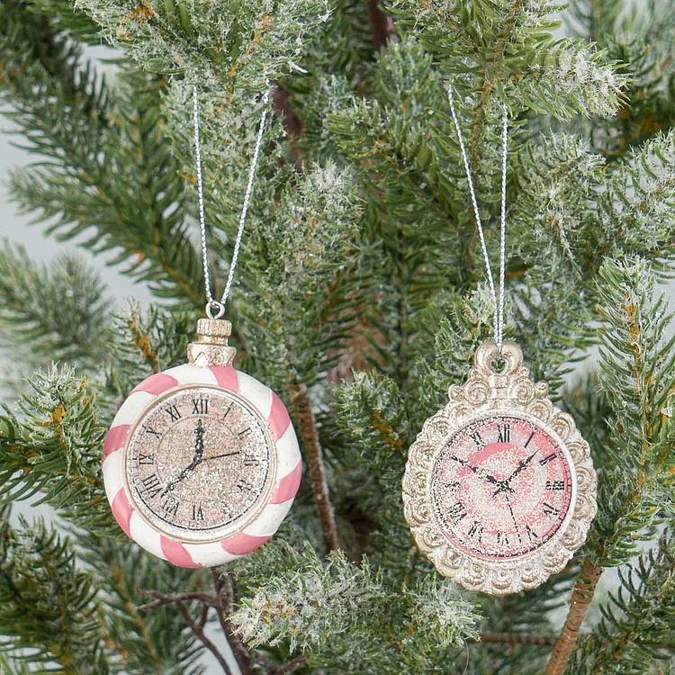 Набор из двух ёлочных игрушек Часы из Сладкого королевства Set Of 2 Candyland Clocks Pink Gold White 6 cm