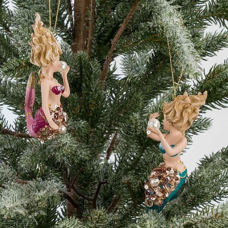 Набор из двух ёлочных игрушек Русалки Set Of 2 Pearl Botanica Mermaids Pink Blue 9,5 cm