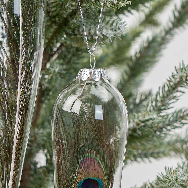 Набор из трёх ёлочных игрушек с пером павлина внутри Set Of 3 Glass Peacock Plume Icicle Drop 30 cm