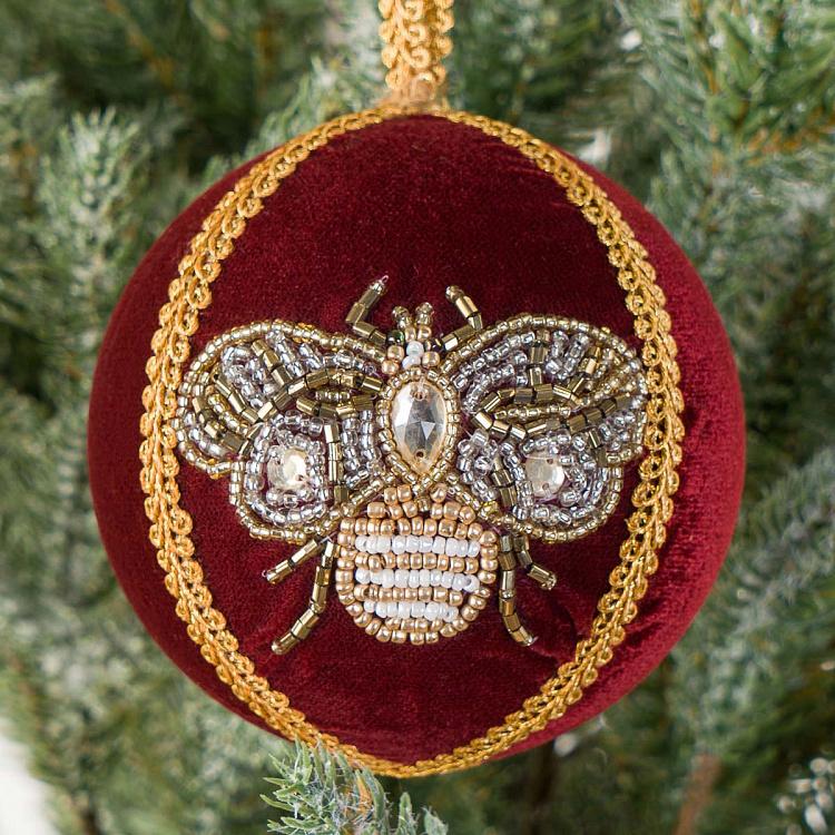 Ёлочная игрушка Бордовый шар с пчелой из бисера Beads Bee Ball Burgundy 9 cm