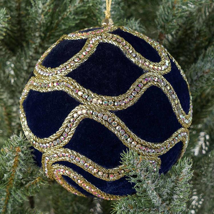 Ёлочная игрушка Тёмно-синий бархатный шар с золотистым орнаментом Gold Ornament Velvet Ball Dark Blue 12 cm