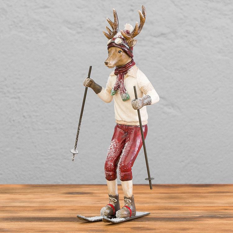 Новогодняя фигурка Олень на лыжах Skiing Deer Cream Burgundy 28,5 cm