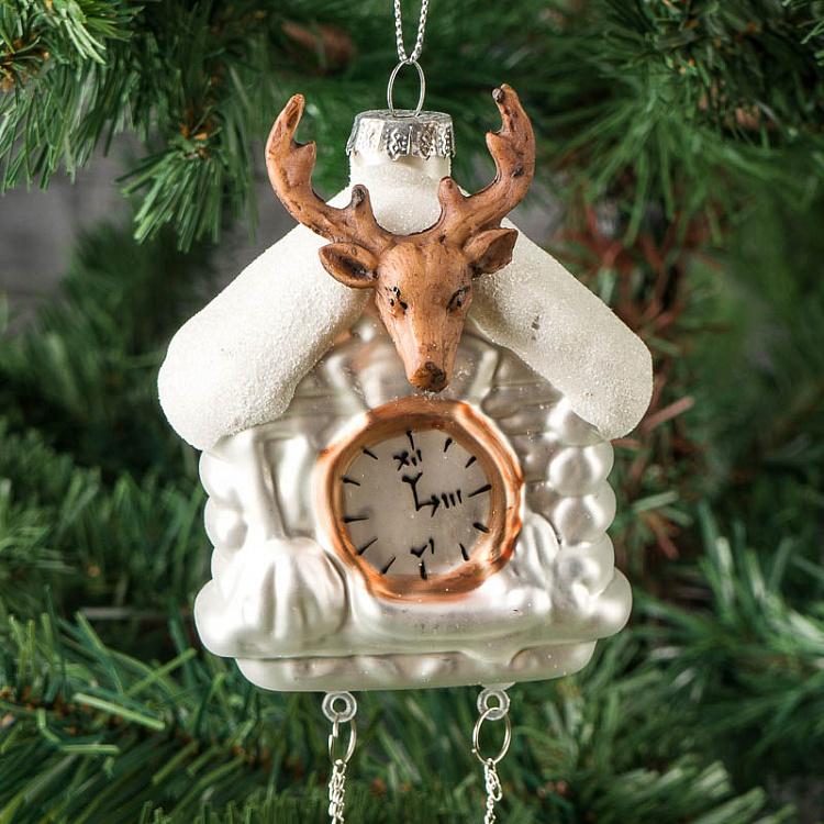 Ёлочная игрушка Ходики с оленем Deer Pendulum Clock Glass Hanger 13 cm