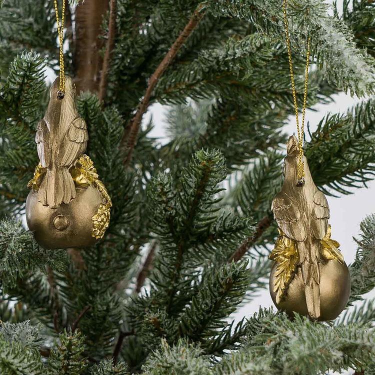 Набор из двух ёлочных игрушек Попугай и тукан на плодах граната Set Of 2 Parrots On Pomegranate Gold 9 cm
