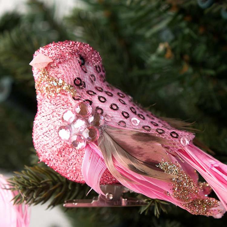 Набор из трёх ёлочных игрушек Розовые птички на прищепке Set Of 3 Jewel Sequin Birds On Clip Pink 18 cm
