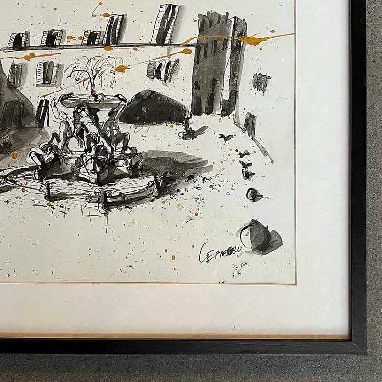 Рисунок тушью с золотом Фонтан Черепах Fontana Delle Tartarughe Drawing With Gold