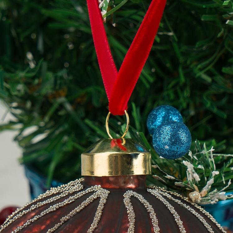 Ёлочная игрушка Бордовый шар с волнистыми полосками Wavy Stripes Ball Burgundy 10 cm
