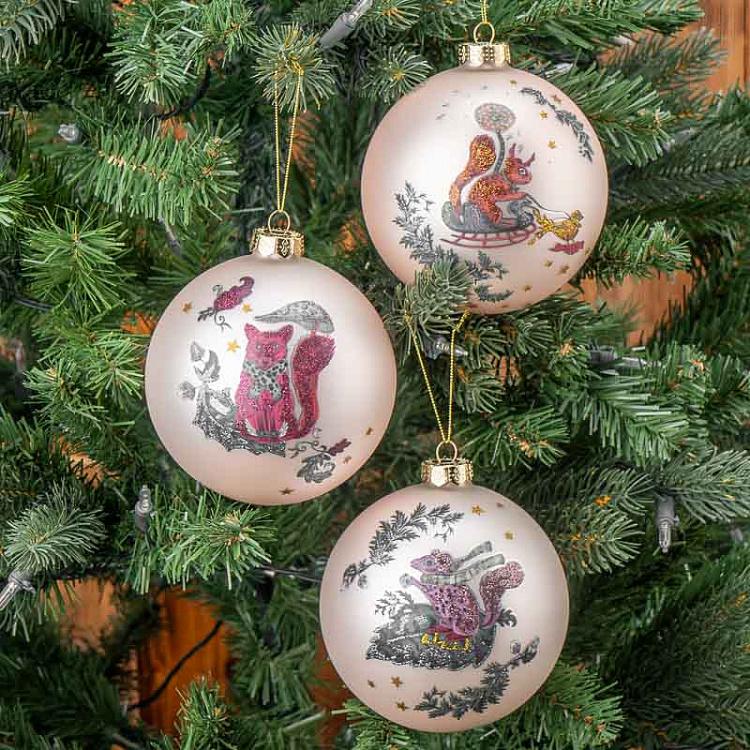 Набор из трёх ёлочных шаров Лесные жители Set Of 3 Glass Silvis Mice And Woods Balls Cream/Green 12 cm