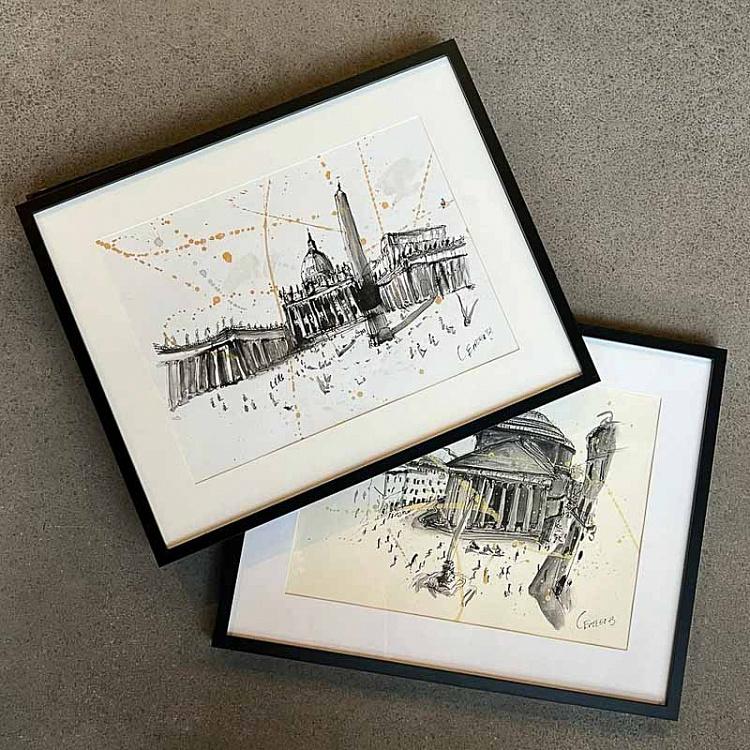 Рисунок тушью с золотом Собор Святого Петра Basilica Di San Pietro Drawing With Gold