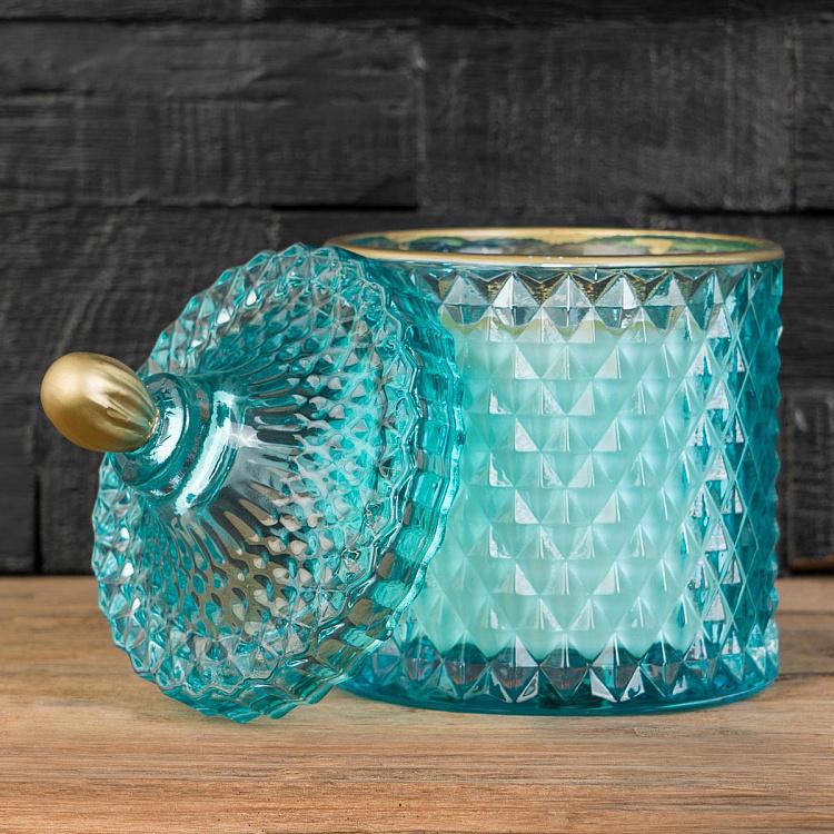 Аромасвеча в голубом фасетном стакане Огурец, L Aroma Candle In Blue Faceted Glass Cucumber Large