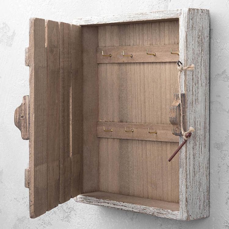 Деревянная ключница с 8-ю крючками и белой патиной Wooden Keybox With 8 Hooks White Patina