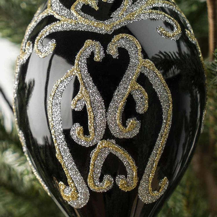 Ёлочная игрушка в форме Чёрной шишки с золотистым витиеватым узором Pattern Cone Ball Black 16 cm