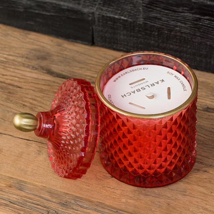 Аромасвеча в красном фасетном стакане Фиолетоволистная роза, L Aroma Candle In Red Faceted Glass Berry Rose Large