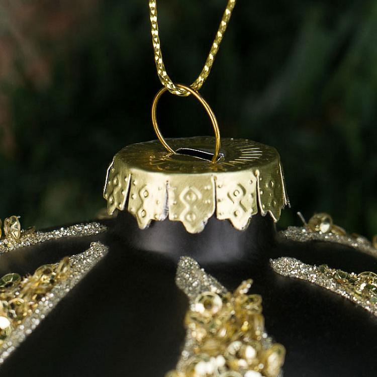 Набор из двух полосатых чёрных с золотом ёлочных шаров  Set Of 2 Glass Sequence Stripe Balls Black 10 cm