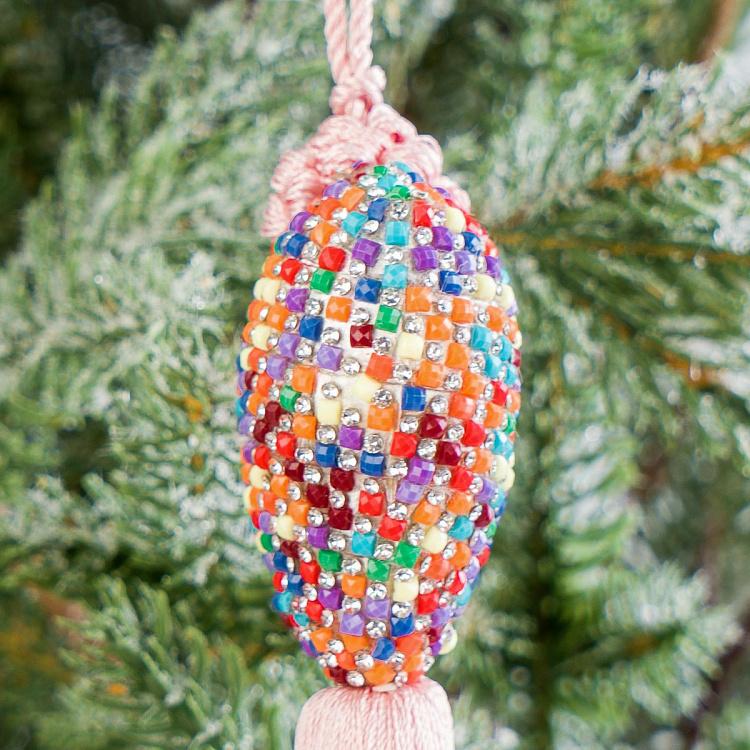 Новогодняя подвеска Разноцветное сердце с розовой кисточкой Multicolored Heart Pendant With Pink Tassel 19 cm