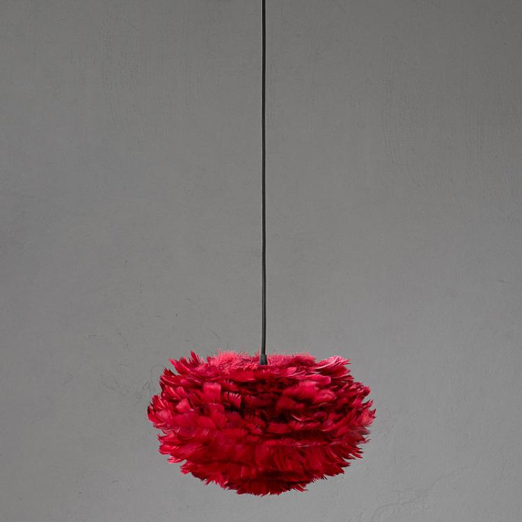 Подвесной светильник Эос на чёрном проводе с плоским потолочным колпаком, красные перья, S Eos Hanging Lamp With Black Cord Rosette Mini