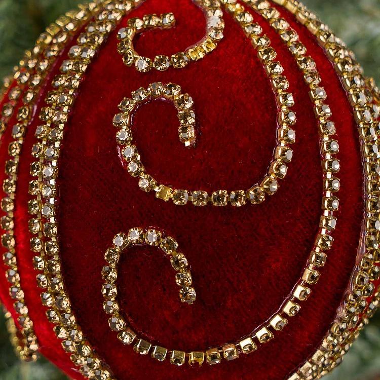 Ёлочная игрушка Красный бархатный шар с узором из страз Rhinestone Pattern Velvet Ball Red 10 cm